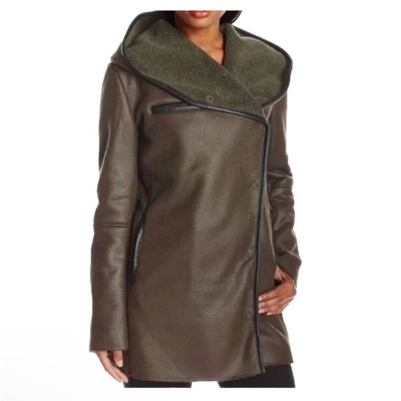Sam Edelman Sydney Hooded Faux Leather Shearling Brown Coat Medium - Picture 2 of 14